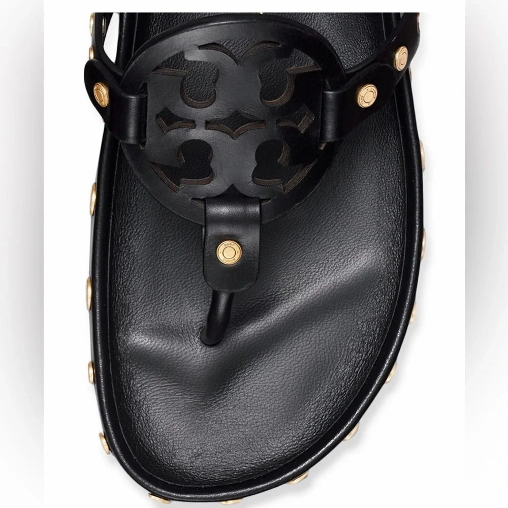 🔥🔥NWT Authentic Tory Burch Miller Cloud  Gold Coin Thong Sandals Black  11 M